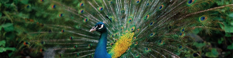 Vibrant male peacock displaying magnificent feathered plumage outdoors