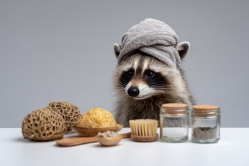 Adorable raccoon in spa setting with towel and natural products