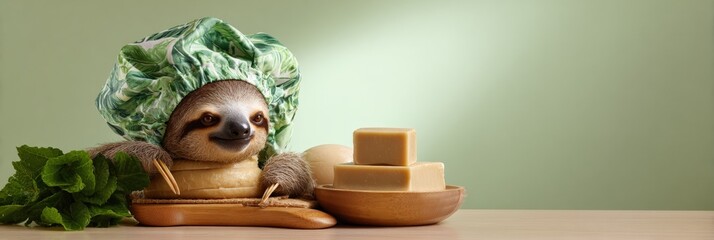 Adorable sloth spa day with soap and relaxing green head wrap