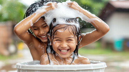 Indian people using shampoo, A young Indian girl helps her sister shampoo her hair, showcasing a tender moment of sibling bonding in a vibrant and lively setting.