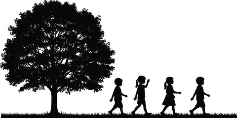 Children silhouette walking under tree, childhood innocence, friendship, growth, nature, freedom, outdoor play, education journey illustration concept
