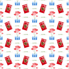 Valentine Seamless Pattern with Red Chocolate Bars, Blue Gift Boxes, and Heart Balloons Illustration
