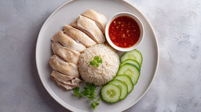 Top view of a Hainanese Chicken Rice, beautifully plated, tender poached chicken with glossy skin sliced neatly, fragrant rice cooked in chicken broth