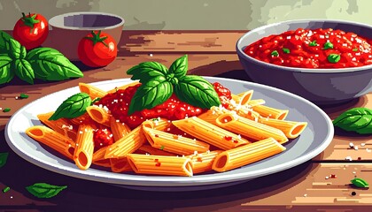 Penne pasta is topped with red sauce and basil, beside a bowl of sauce on a wooden table