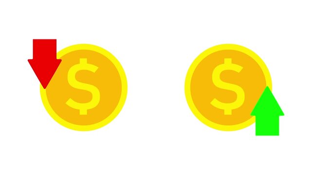 Animated icon showing two coins with arrows&mdash;green arrow up for rising value and red arrow down for falling value&mdash;symbolizing financial growth and decline, great for finance content.