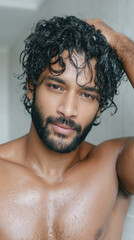 Indian people using shampoo, A man standing applies shampoo, showcasing a personal care routine in a natural setting, emphasizing lifestyle and grooming practices.