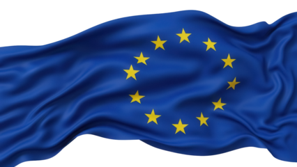 Waving European Union flag PNG isolated on transparent background, blue EU flag with yellow stars for Europe Day and political concepts