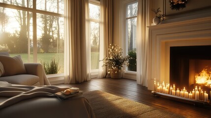 Fototapeta premium Cozy living room fireplace, morning sun, garden view
