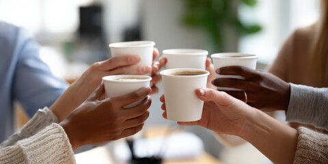 Diverse group celebrating with coffee cups in office setting