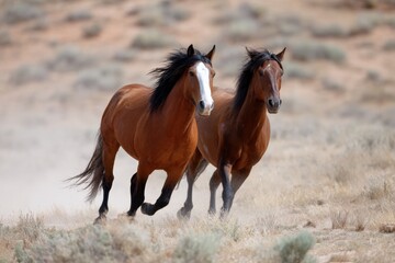 Obraz premium Two wild horses running freely in desert landscape
