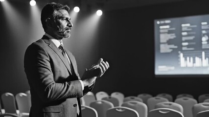 Business Presentation Black and White Stock Video of Confident Executive Speaker Presenting Data Analytics Charts in Modern Conference Room for Corporate Training Leadership Success
