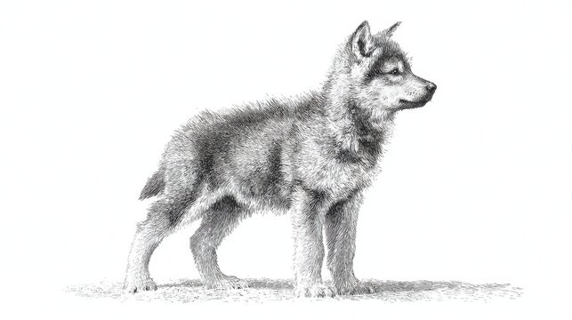 Black and white sketch of a young wolf pup standing and looking to the side with fine fur detail