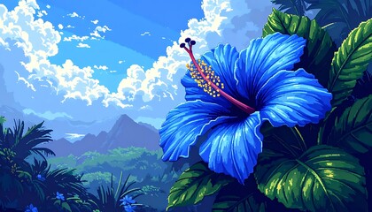 Pixelated blue hibiscus flower against a vibrant tropical landscape and a cloudy blue sky, rendered in a pixel art style