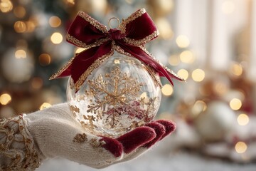 Hand in Red Glove Holds Gold Christmas Ball Globe with Christmas Tree Inside Against Blurred Background