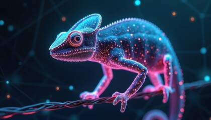 Digital chameleon glows with neon lines. Abstract creature connects data points on dark background. Futuristic reptile symbolizes tech adaptation and innovation.