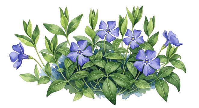 Watercolor periwinkle flowers and green leaves on black background vinca floral