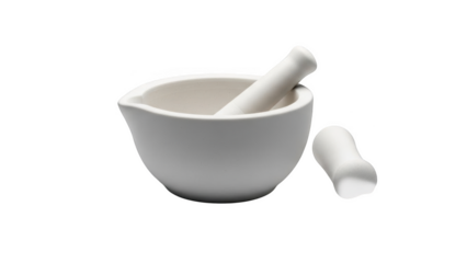 White ceramic mortar and pestle set on black background kitchenware laboratory equipment