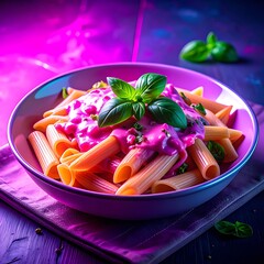 Penne pasta topped with vibrant pink sauce and fresh basil leaves, on a lilac cloth, against a purple background