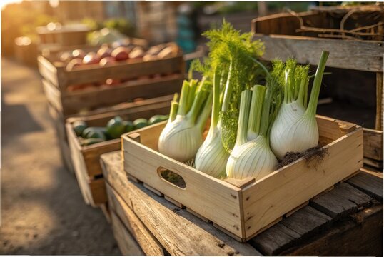 Freshly harvested fennel bulbs with soil still clinging to the roots, placed in a rustic wooden crate at a farmer&rsquo;s market