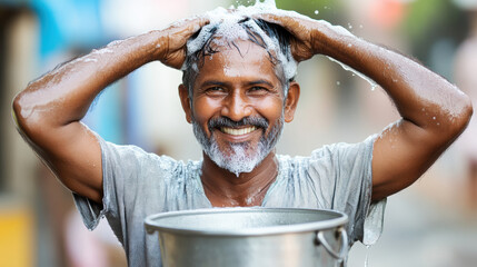 Indian people using shampoo, An Indian man shampoos his hair outdoors, showcasing a casual grooming routine in a natural setting, captured with high fidelity details.
