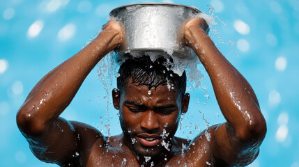 Indian people using shampoo, An Indian man shampooing his hair outdoors, showcasing a blend of personal care and nature in a vibrant, high-quality image.