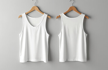 Two blank white tank tops hang on wooden hangers against plain gray wall. Simple sleeveless shirts ready for custom designs prints, perfect for fashion mockups, apparel branding, sports teams.