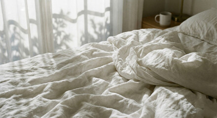 Crumpled white linen bed sheet texture with soft light