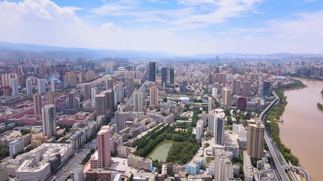 Aerial View of Lanzhou City Center Qilihe District China Urban Skyline Photography