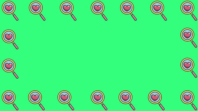 Heart icon highlight by lens frame on green screen.