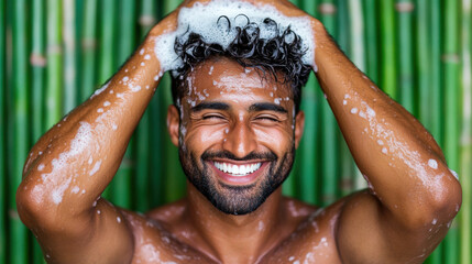 Indian people using shampoo, A man of Indian descent using organic shampoo infused with bamboo in a high-quality image showcasing personal care and natural beauty products.