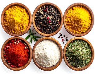 Overhead view of six wooden bowls filled with colorful spices arranged on a transparent background, with a sprig of rosemary