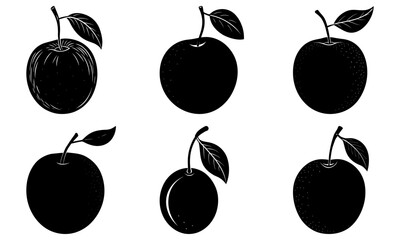 Five black apples with leaves on white background silhouette fruit 2