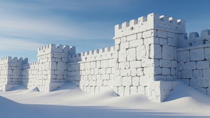 Snow covered medieval castle wall in a winter landscape. Ancient stone fortress for fantasy or historical concepts