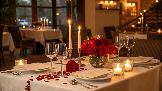 table setting for romantic dinner with roses candles wine glasses and cutlery for valentine's day or anniversary celebration