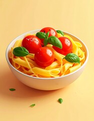 Penne pasta with tomatoes and basil in a white bowl against a peach-colored background, illuminated by a soft light