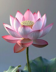 Pink lotus flower, petals tipped with red, stands against a muted gray-blue backdrop with green leaf accents