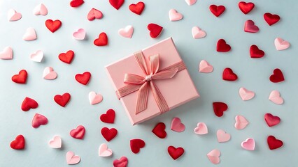 pink and red hearts scattered around simple pink gift box with bow on blue background for valentines day romance or love concept celebration