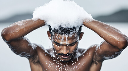 Indian people using shampoo, An Indian man with a white foam covering his entire scalp, captured in high fidelity, showcasing unique cultural expression and detail.