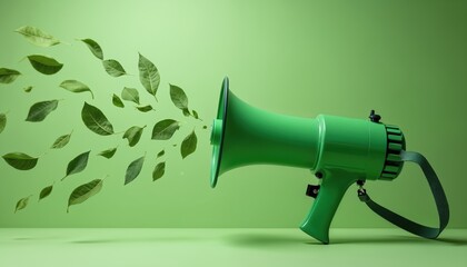 Green megaphone emits flying leaves. Concept of eco friendly news and sustainable promotion. Communication about nature care and green campaigns.