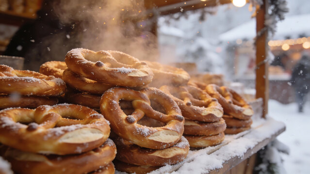 Freshly baked pretzels stacked on snowy market stall in winter  