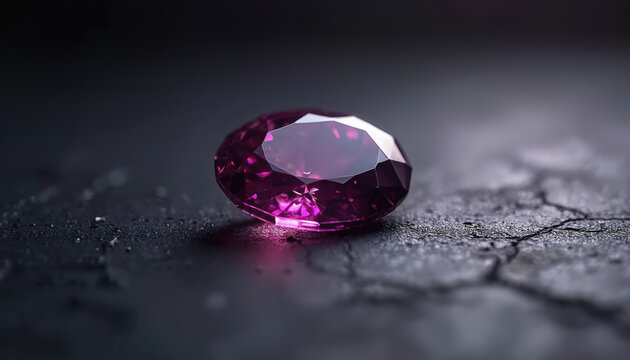 Oval cut purple gemstone rests on dark textured surface with light reflection. Faceted jewel shows brilliant shine, sparkle. Precious stone appears luxurious, valuable. Macro photography highlights