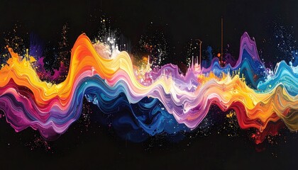 Vibrant Abstract Cosmic Ballet With Colorful Wavy Lines And Sparkling Stars On Black Background Represents Universe Energy