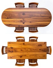 Overhead view of two wooden dining sets with chairs, showing a change in table shape from oval to rectangular