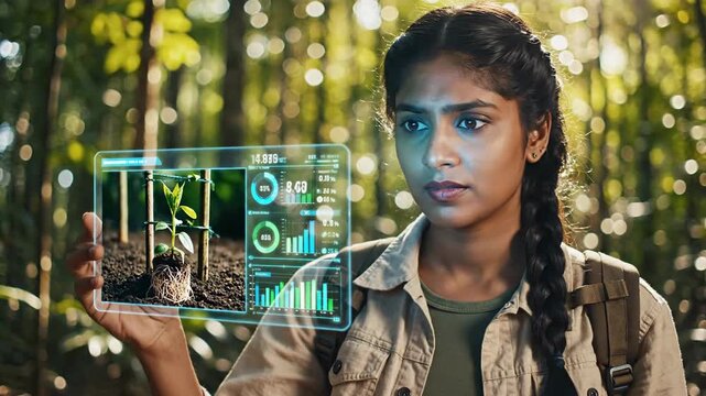 A female ecologist in a lush forest uses a futuristic transparent tablet to analyze plant growth data for sustainable smart farming and conservation
