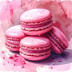 Pink macarons, piled high in watercolor style on a pink splattered background
