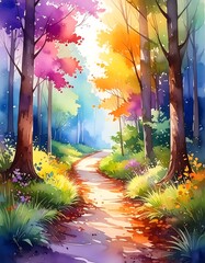 Path winds through a vibrant watercolor forest, with rainbow hues filtering through the trees