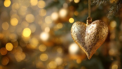 Gold Christmas Bauble in Shape of Heart Against Warm Blurred Background