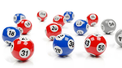A vibrant array of numbered lottery balls scattered across a clean white surface, symbolizing the excitement of games of chance, probability, and the anticipation of a potential win