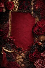 Ornate burgundy floral frame with roses, lace, pearls, and gold accents surrounding a rich velvet center