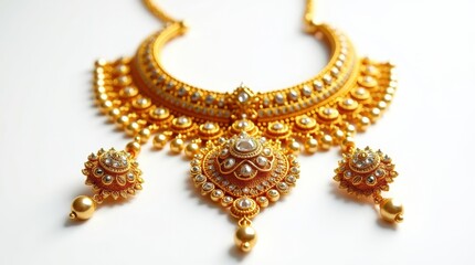 Intricate gold necklace with matching earrings